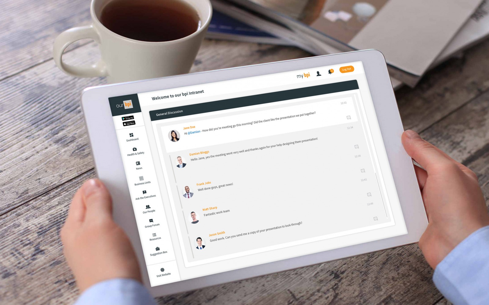 RPC bpi's customised employee engagement platform being used by a man on a tablet
